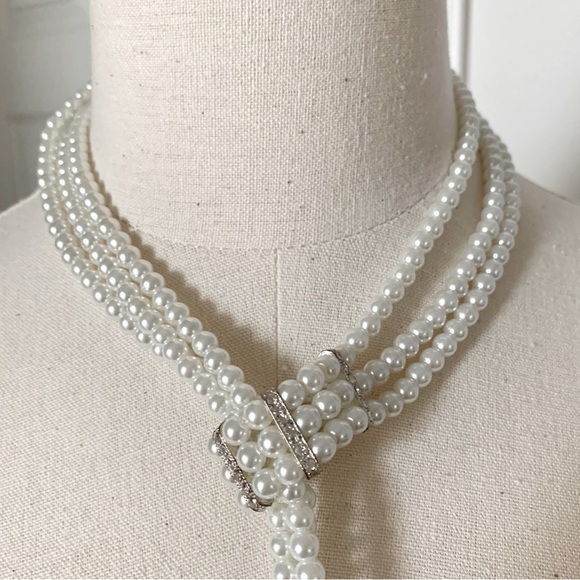 Triple Strand Glass Pearl Crystals Lariat Choker Statement Necklace - Picture 2 of 7